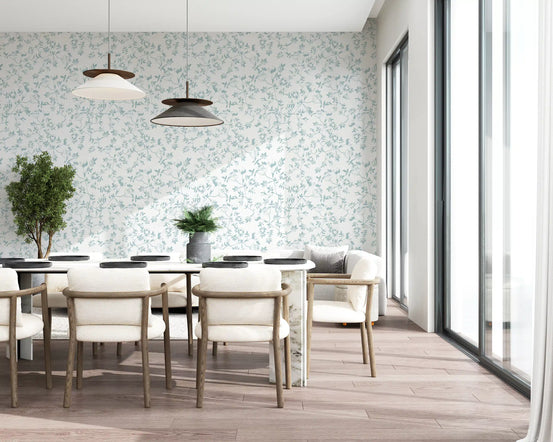 Blue floral sketch wallpaper in a bright dining room GD12247