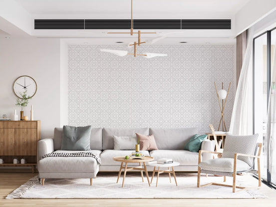 Subtle geometric lattice wallpaper in a modern living room GD12249