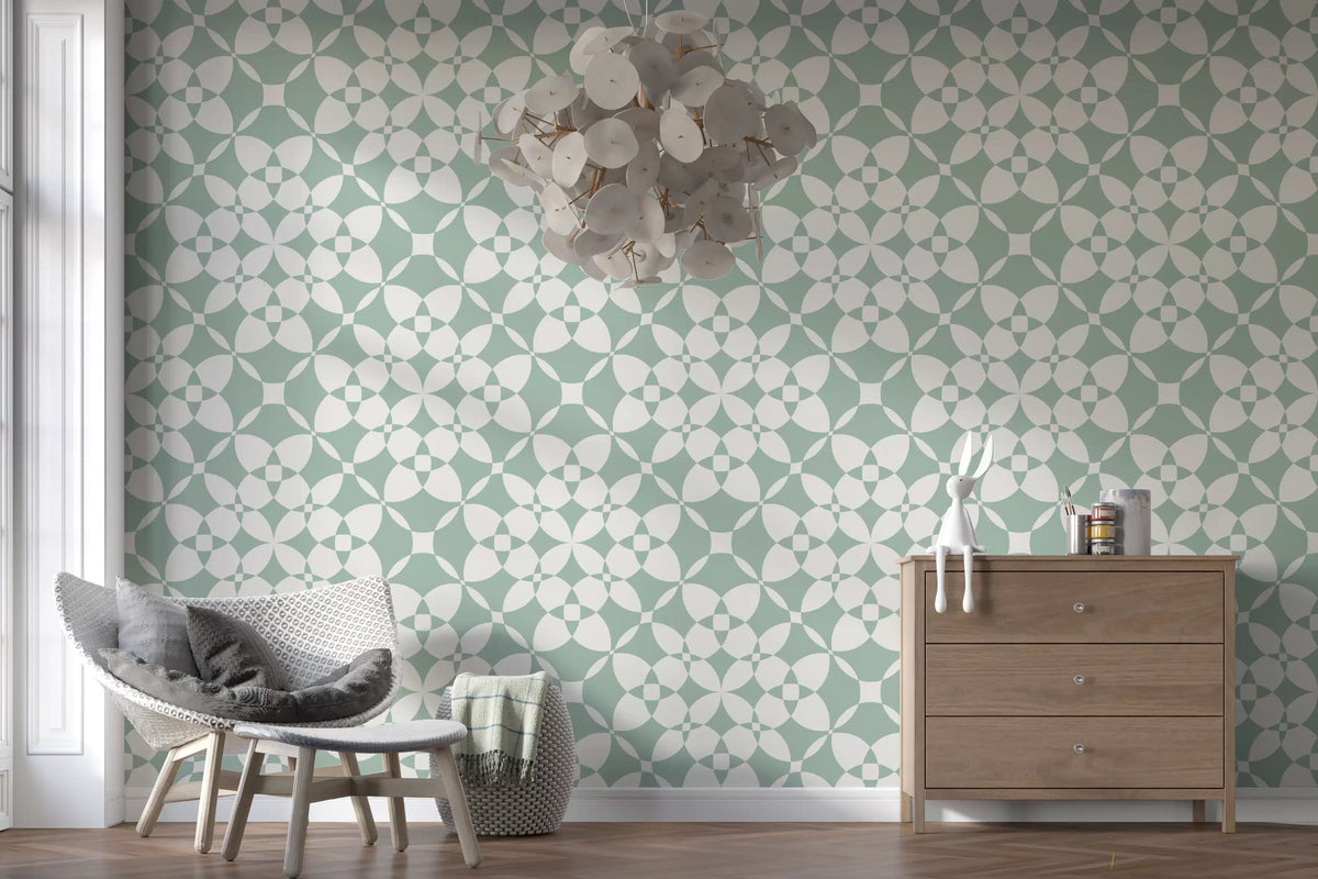 Sage green geometric wallpaper in a stylish living room GD12250