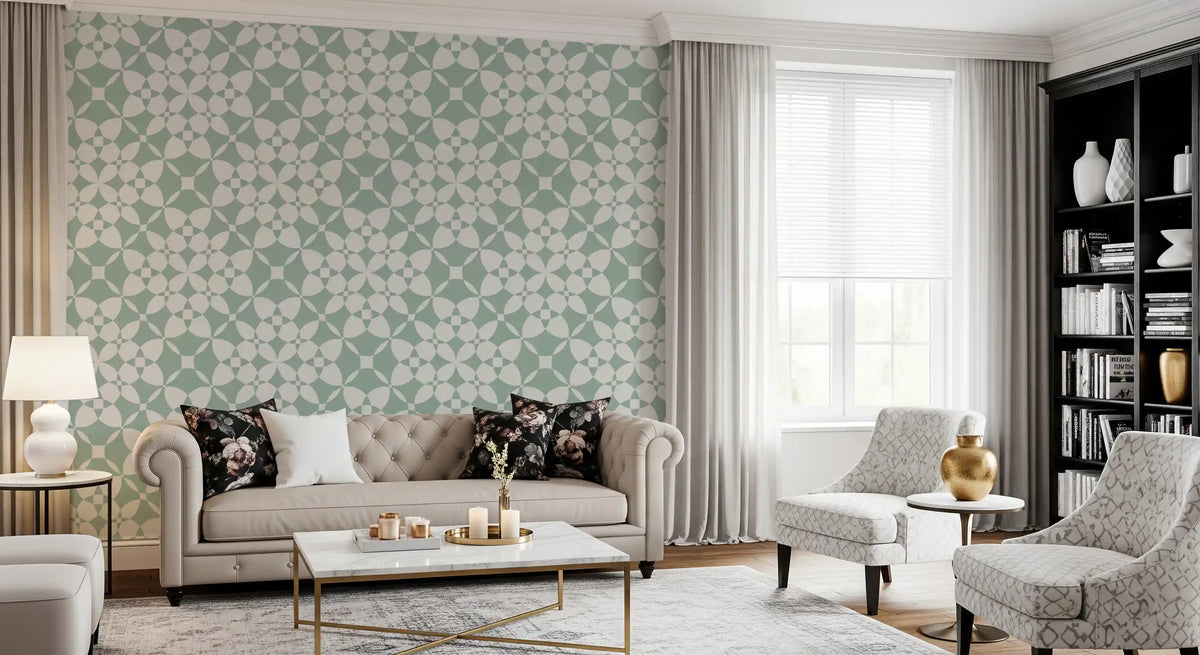 Sage green geometric wallpaper in a classic living room GD12250