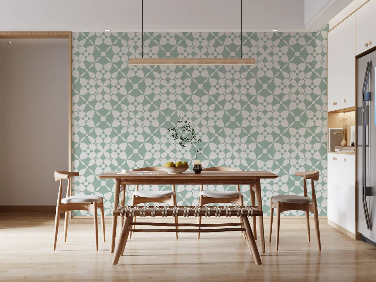 Sage green geometric wallpaper in a bright dining room GD12250