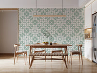 Sage green geometric wallpaper in a bright dining room GD12250