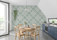 Sage green geometric wallpaper in a modern dining kitchen GD12250
