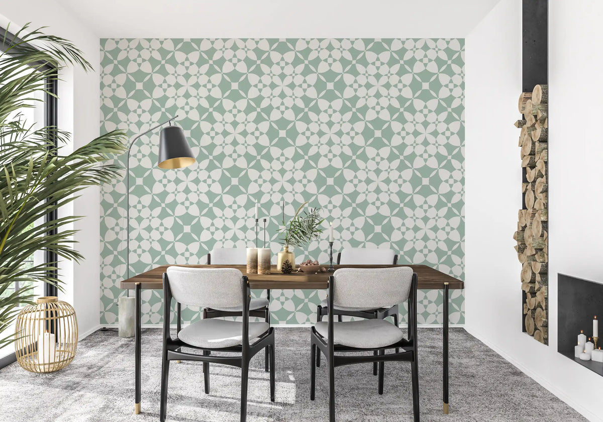 Sage geometric arcs wallpaper in a spacious dining room GD12250