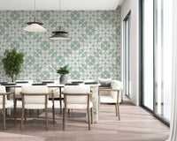 Sage green geometric wallpaper in a light dining room GD12250
