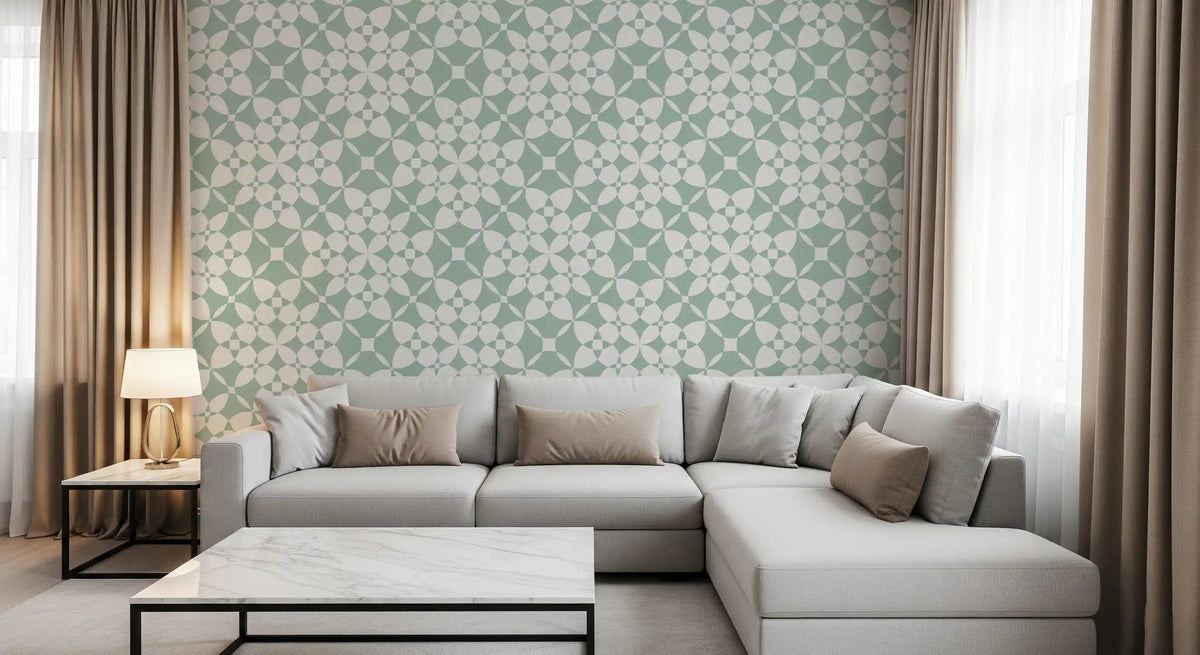 Sage geometric arcs wallpaper in a warm living room GD12250