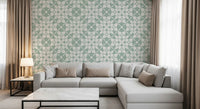 Sage geometric arcs wallpaper in a warm living room GD12250
