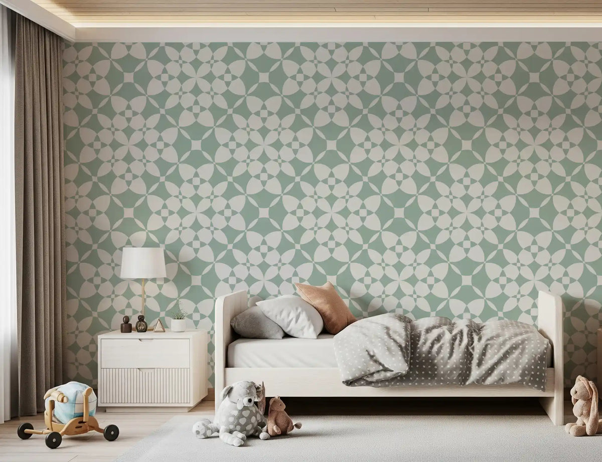 Sage geometric arcs wallpaper in a children's bedroom GD12250