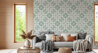 Sage geometric arcs wallpaper in a cosy living room GD12250