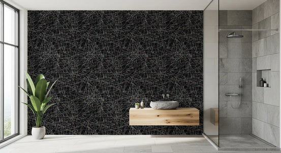 Black tangled web abstract wallpaper in a modern bathroom GD12251