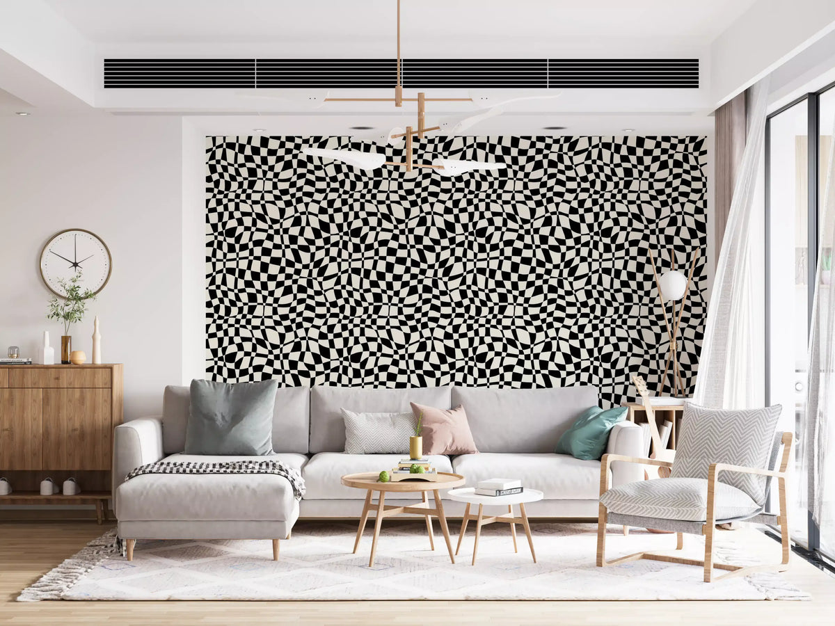 Wavy checkerboard wallpaper on a living room feature wall with a grey sofa GD12253