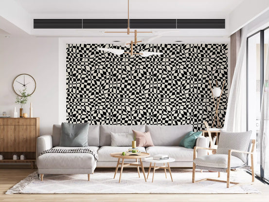 Wavy checkerboard wallpaper on a living room feature wall with a grey sofa GD12253