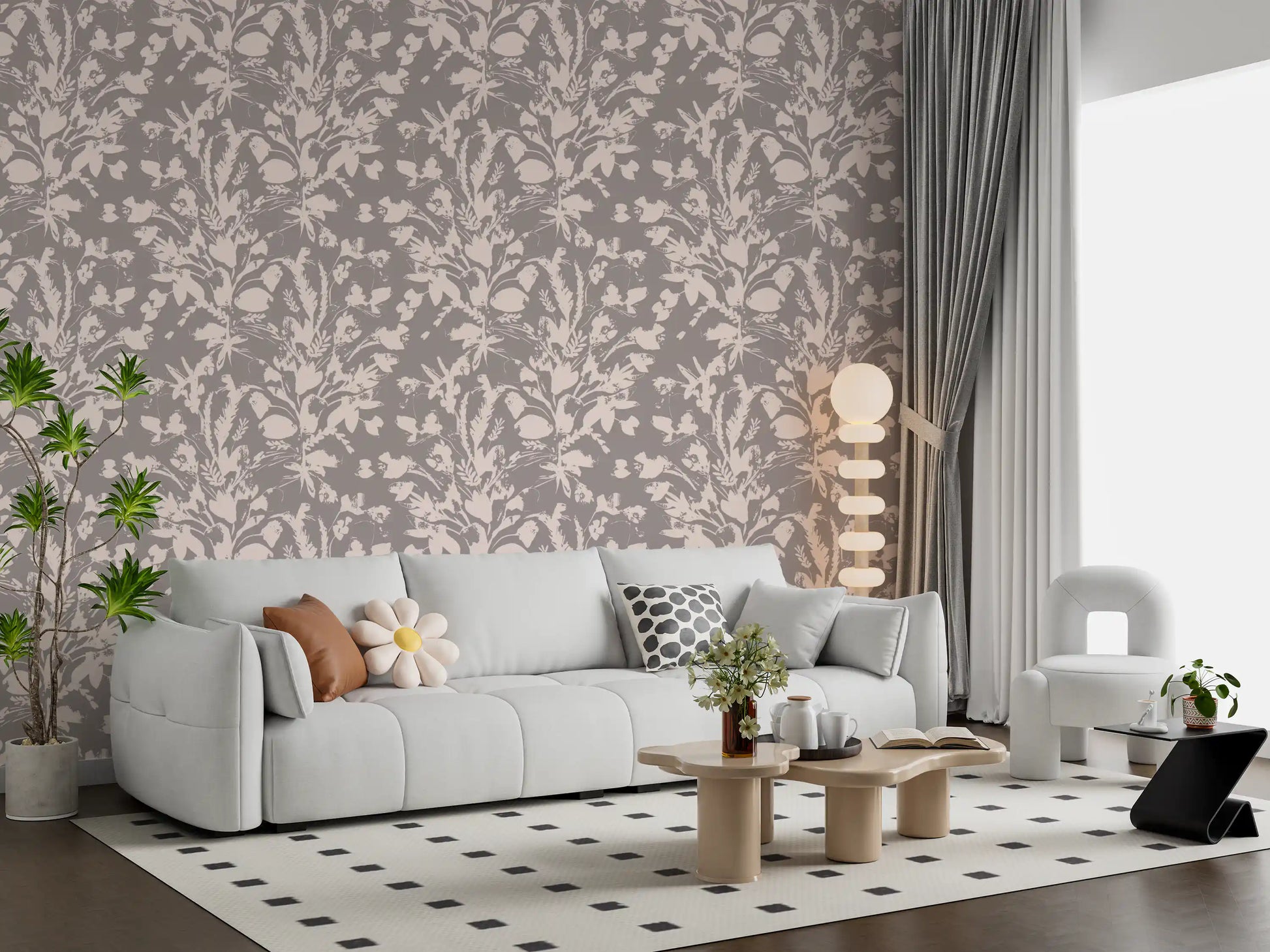 Muted Meadow Botanical Sketch Wallpaper⁠