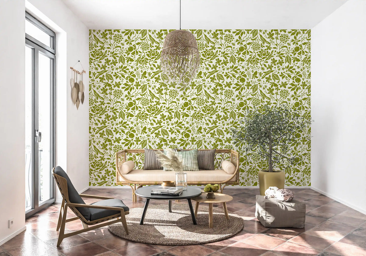 Sage botanical wallpaper in a sunny living room with a gold framed sofa GD12255