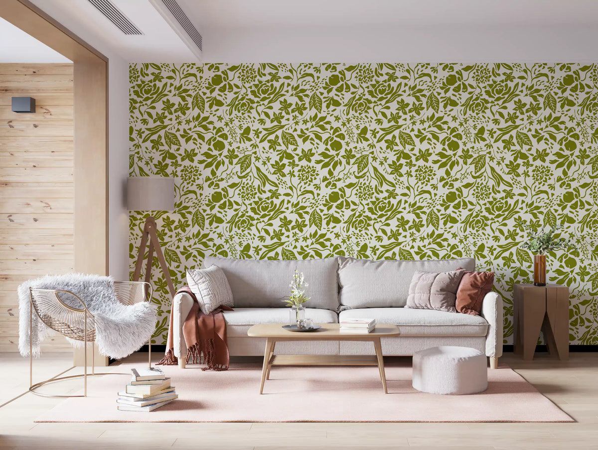 Green botanical wallpaper in a warm living room with an accent chair GD12255