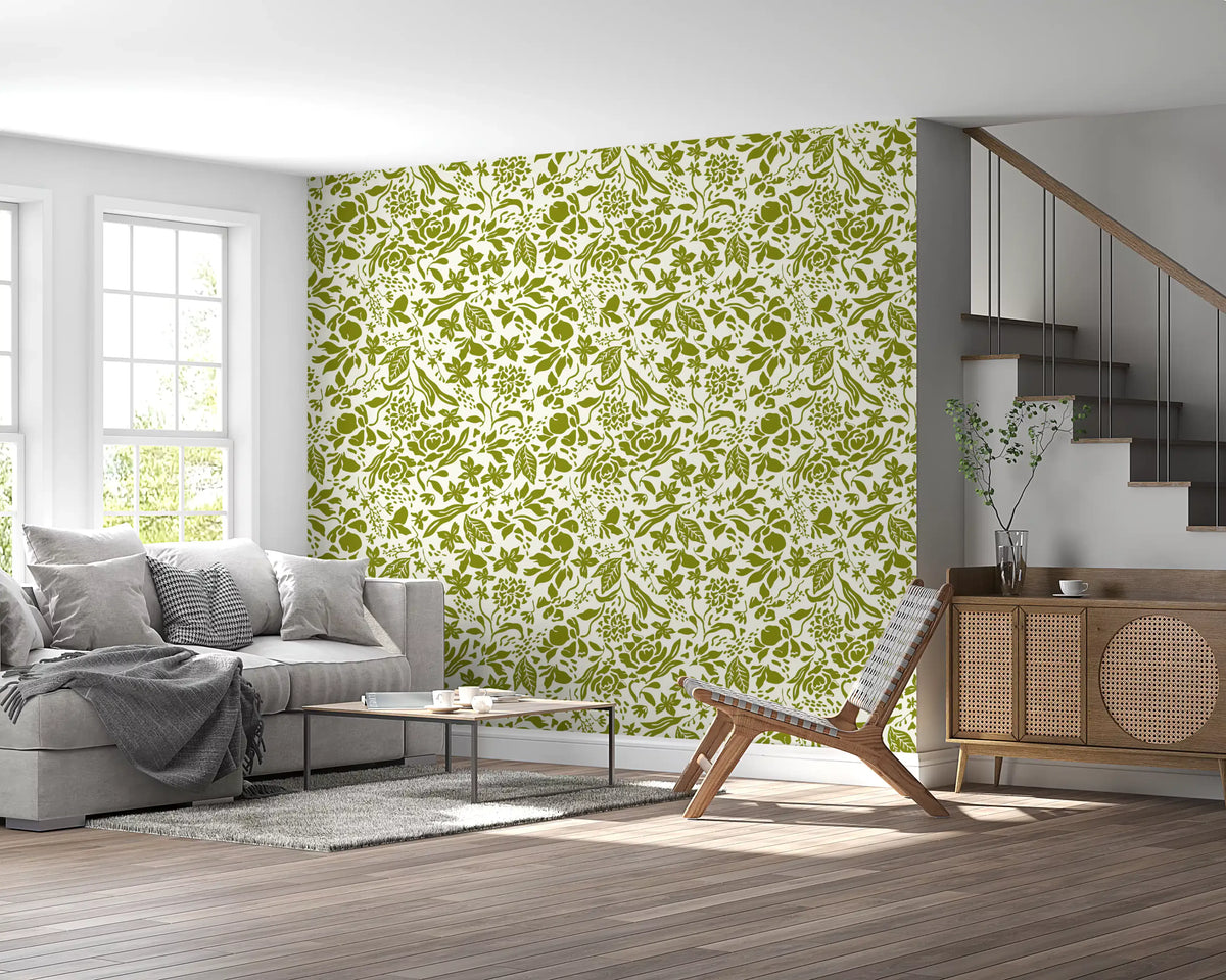 Sage botanical wallpaper in a living room near a staircase with a grey sofa GD12255