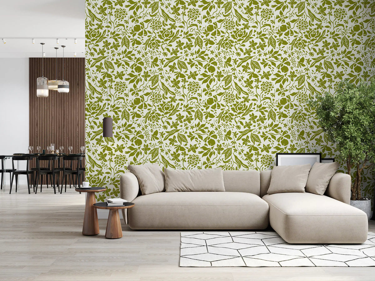 Sage botanical silhouette wallpaper in a modern living room with a beige sectional GD12255