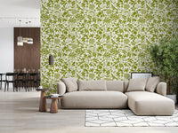 Sage botanical silhouette wallpaper in a modern living room with a beige sectional GD12255