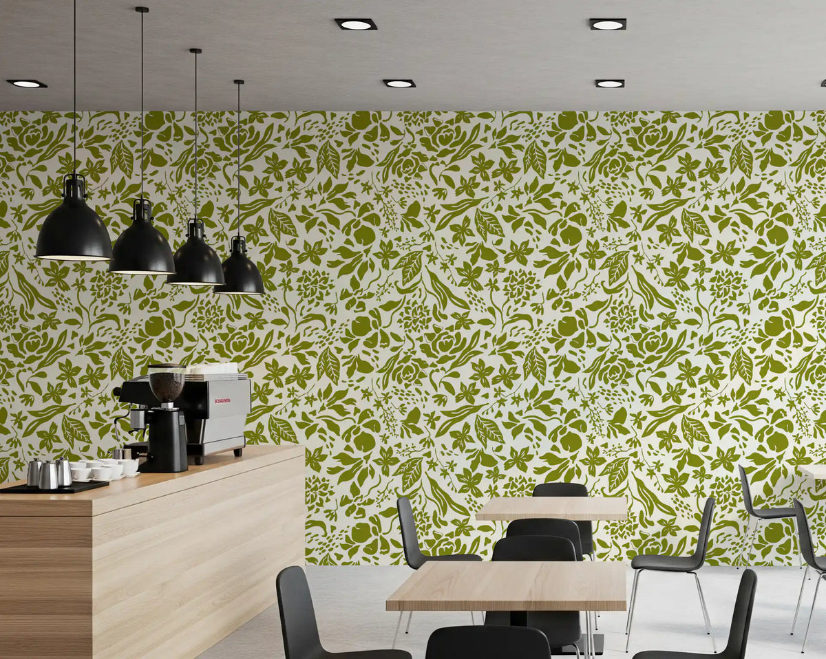 Sage botanical wallpaper in an open kitchen and dining area with a wood island GD12255