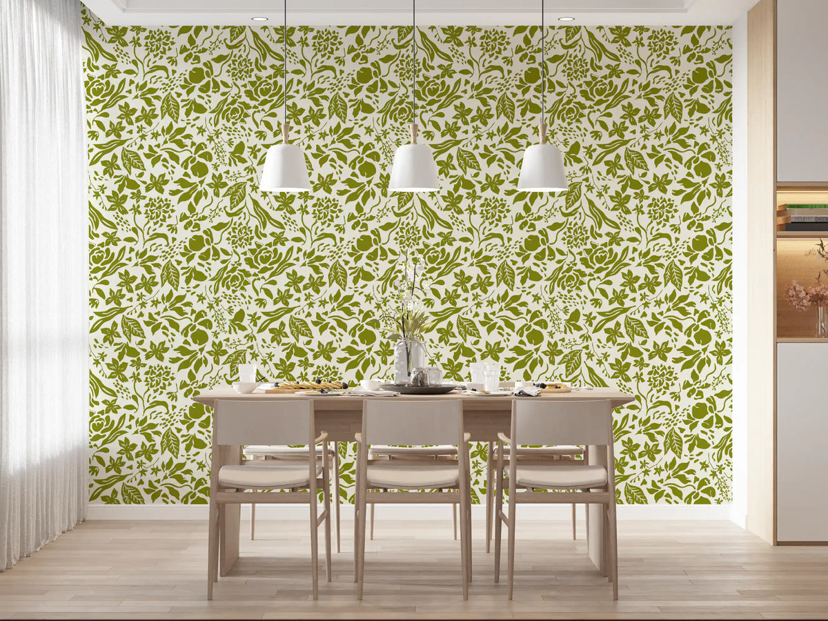 Sage botanical wallpaper in a bright dining room with a white table GD12255