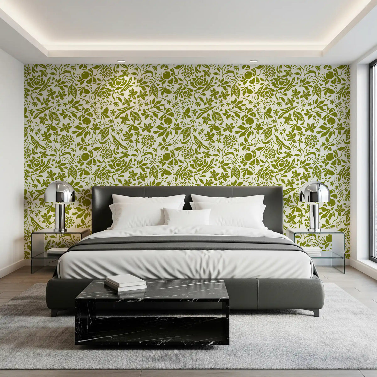Green botanical silhouette wallpaper behind a bed in a modern bedroom GD12255