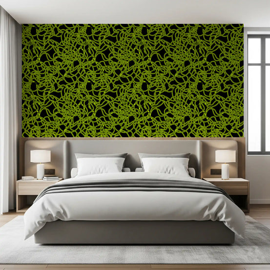 Neon grid lines wallpaper on a bedroom feature wall behind a grey upholstered bed GD12256