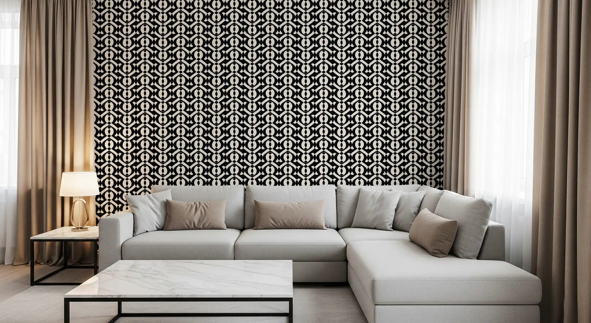 Interlocking curves wallpaper in a living room with a grey sectional sofa GD12257