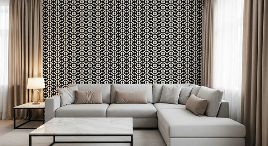 Interlocking curves wallpaper in a living room with a grey sectional sofa GD12257