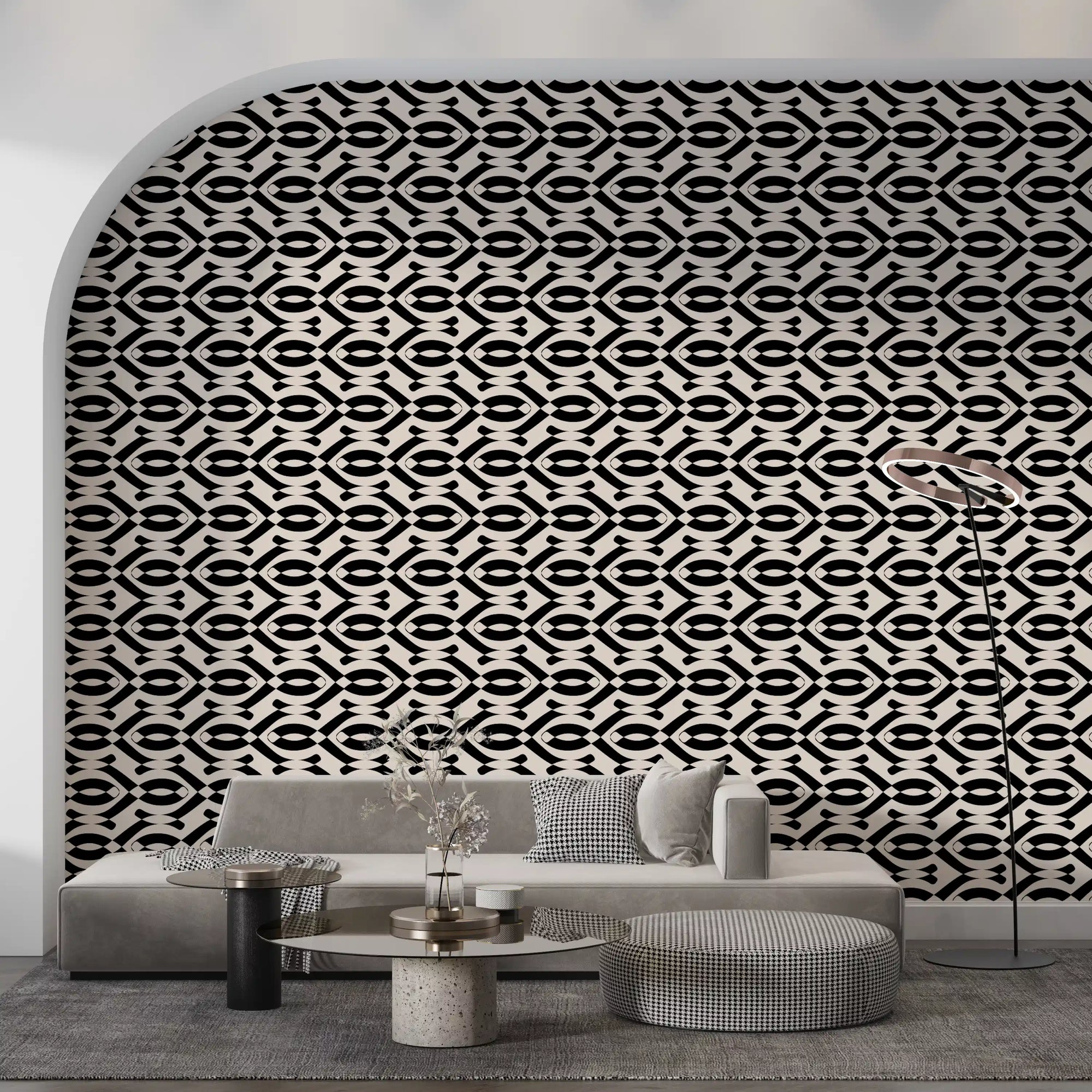 Linear harmony wallpaper on an arched living room wall with a grey sofa GD12258