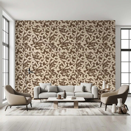 Rustic botanical wallpaper on a living room feature wall with neutral sofas GD12259