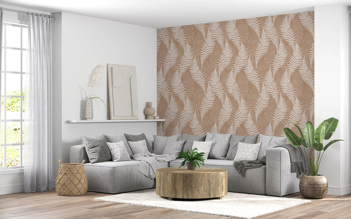 Fern botanical wallpaper on a living room wall with a grey sectional sofa GD12260