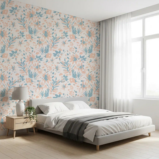Soft watercolour floral wallpaper with peach and blue blooms in a bright bedroom GD12262