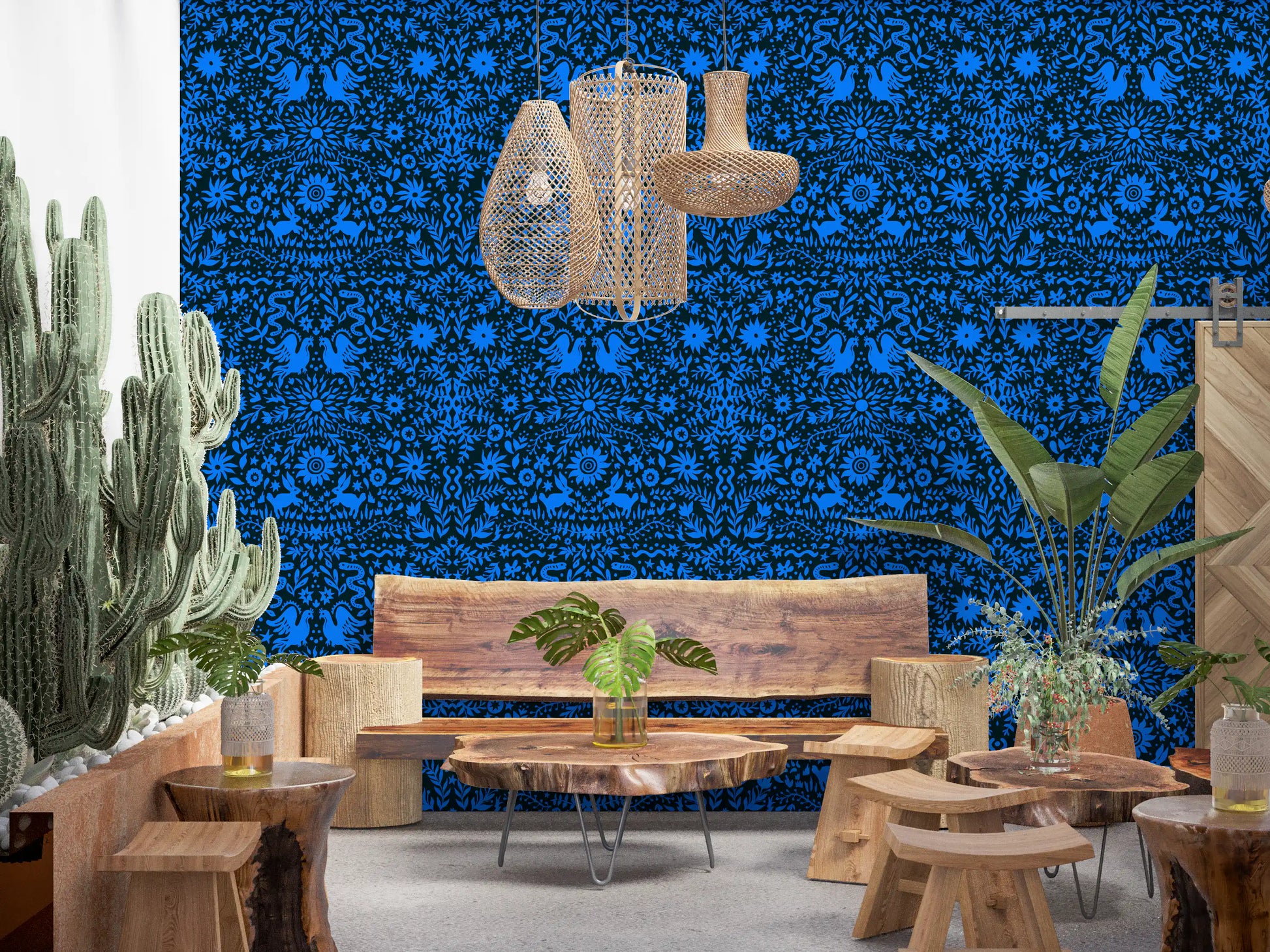 Cobalt Folklore Folk Art Pattern Wallpaper⁠