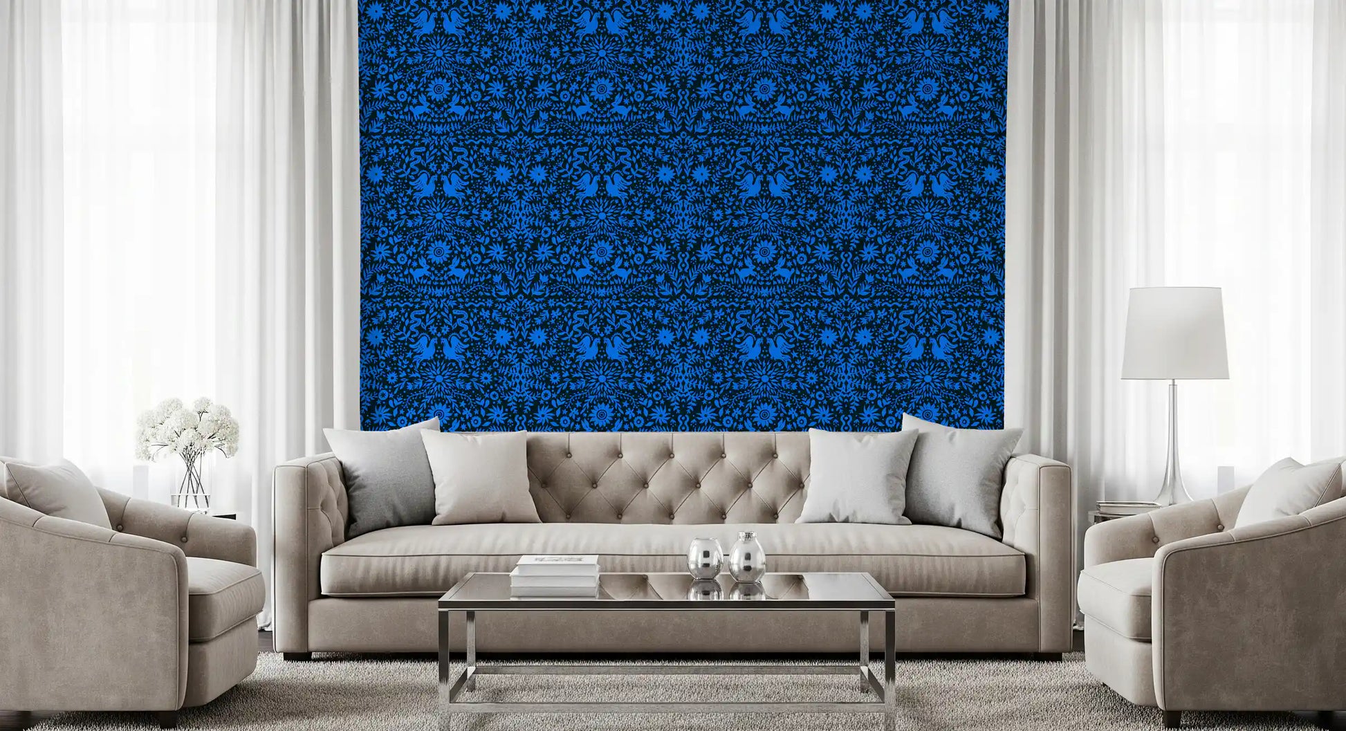 Cobalt Folklore Folk Art Pattern Wallpaper⁠