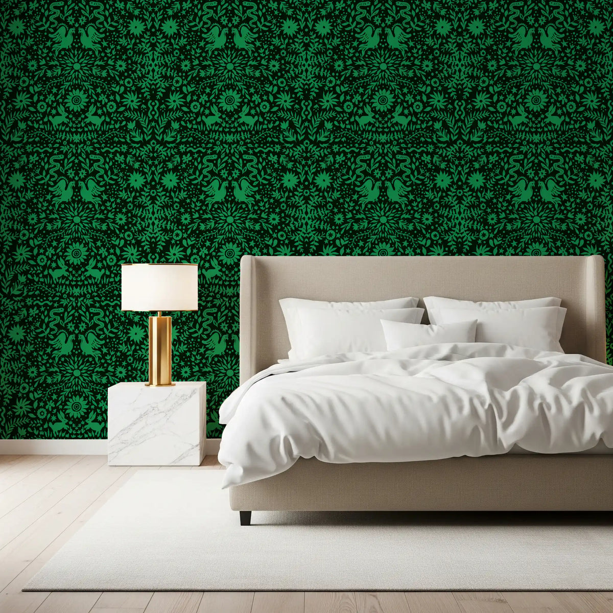 Green forest folk botanical wallpaper behind a bed in a bedroom GD12264