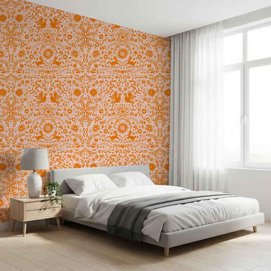 Orange Mexican folk-art botanical wallpaper in a bright bedroom GD12265