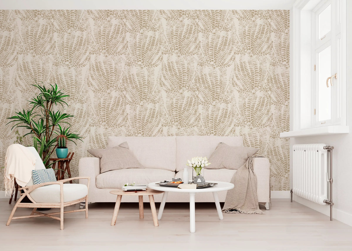 Neutral fern botanical wallpaper in a bright living room GD12266