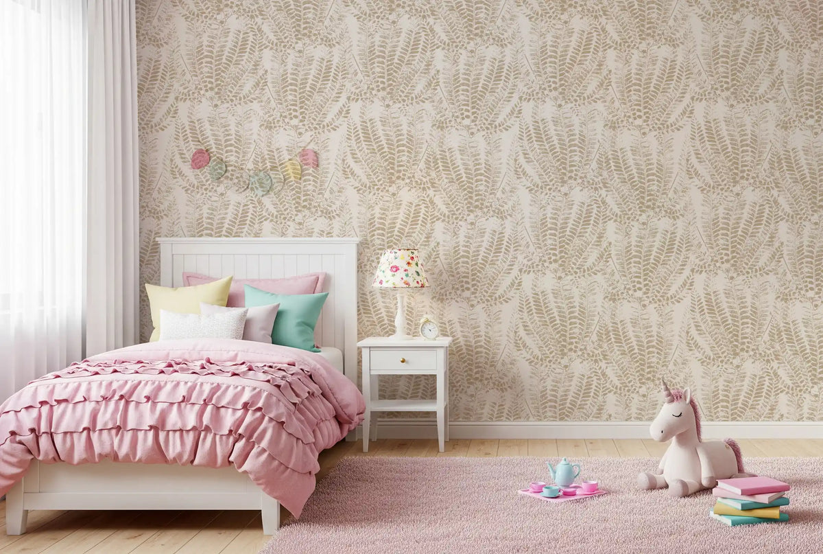 Beige fern wallpaper in a girl's pink bedroom GD12266