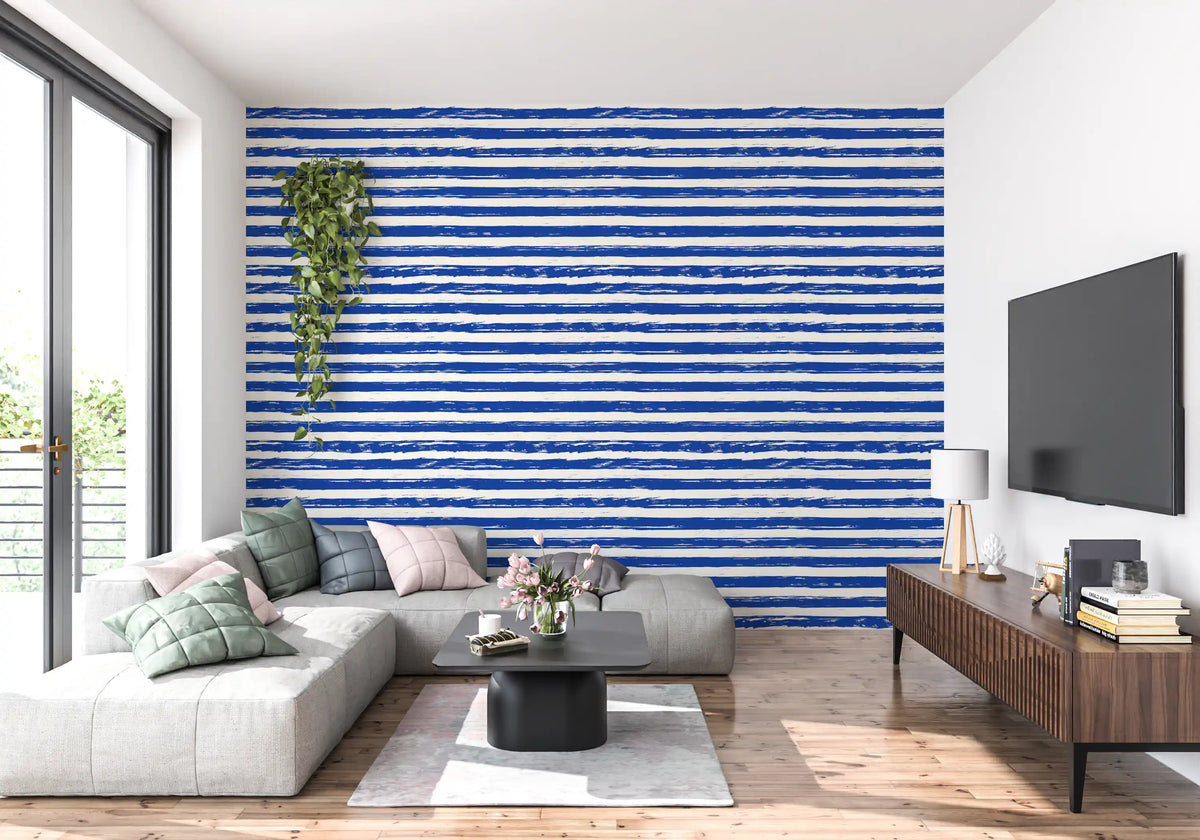 Blue and white striped wallpaper in a modern living room GD12267