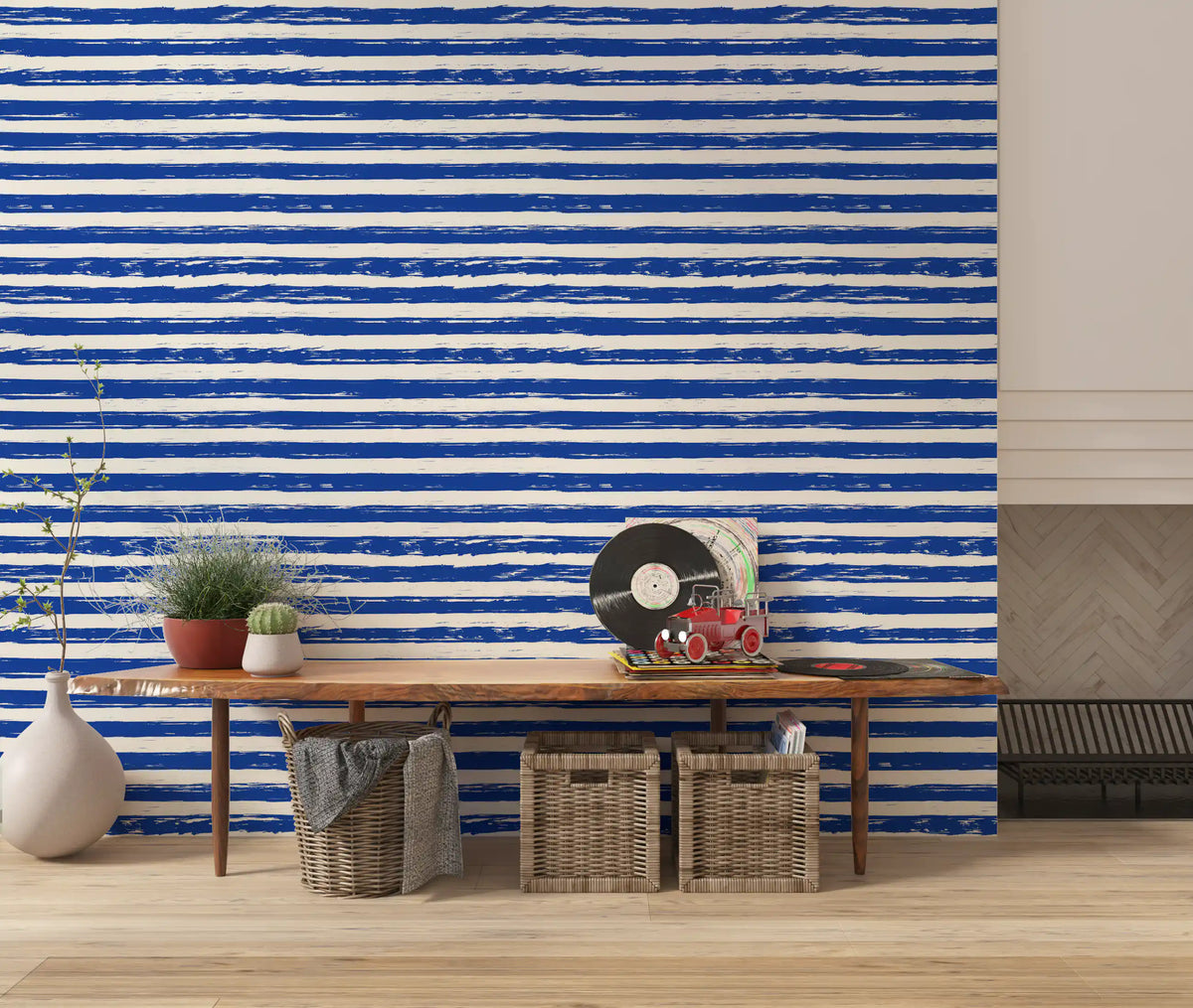 Navy striped wallpaper behind a wooden console in a living room GD12267