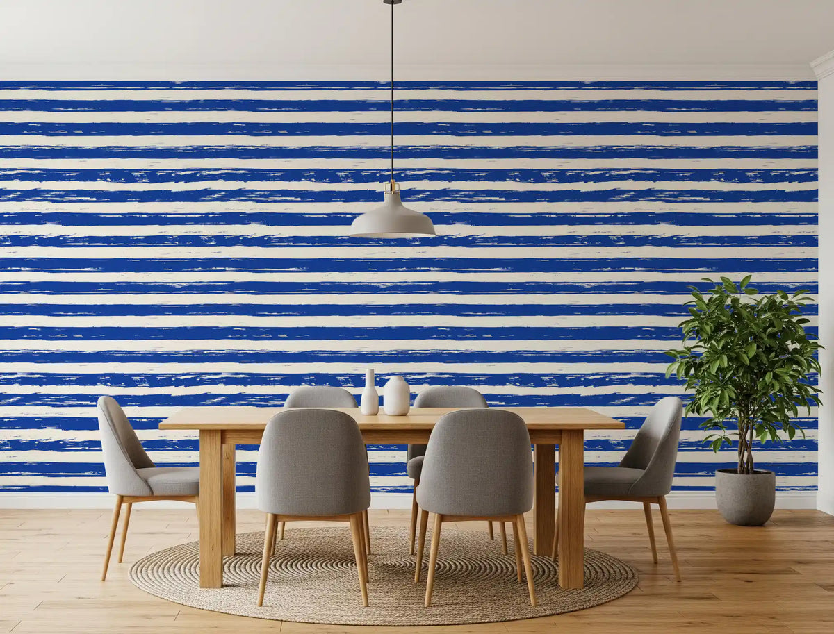 Blue and white striped wallpaper in a modern dining room GD12267