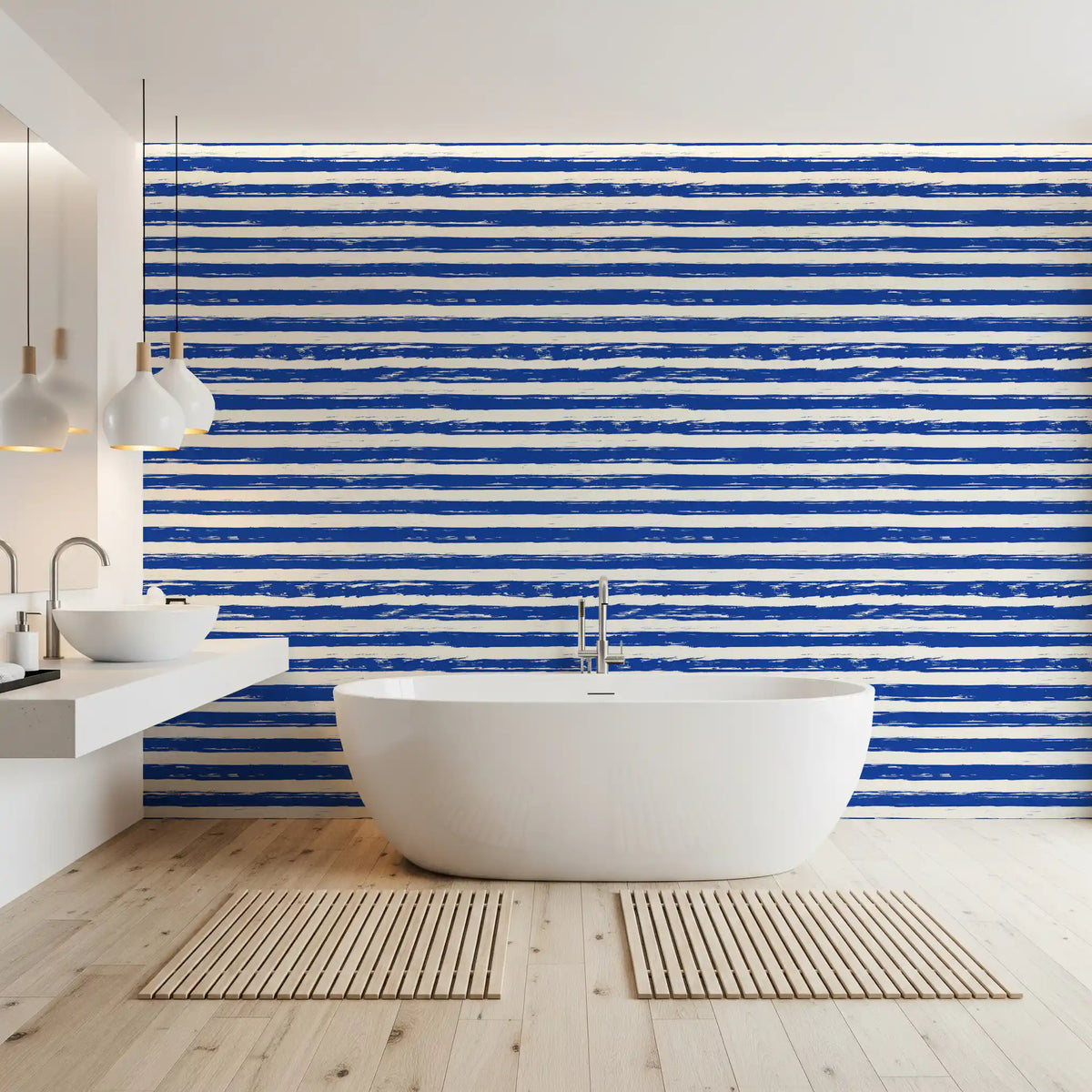 Navy brushstroke striped wallpaper in a bright coastal bathroom GD12267