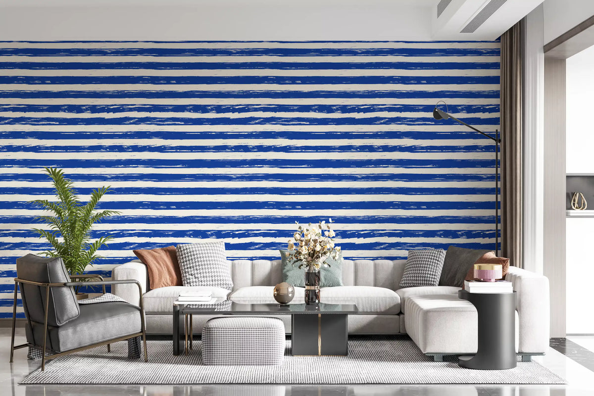 Blue brushstroke stripe wallpaper in an elegant living room GD12267