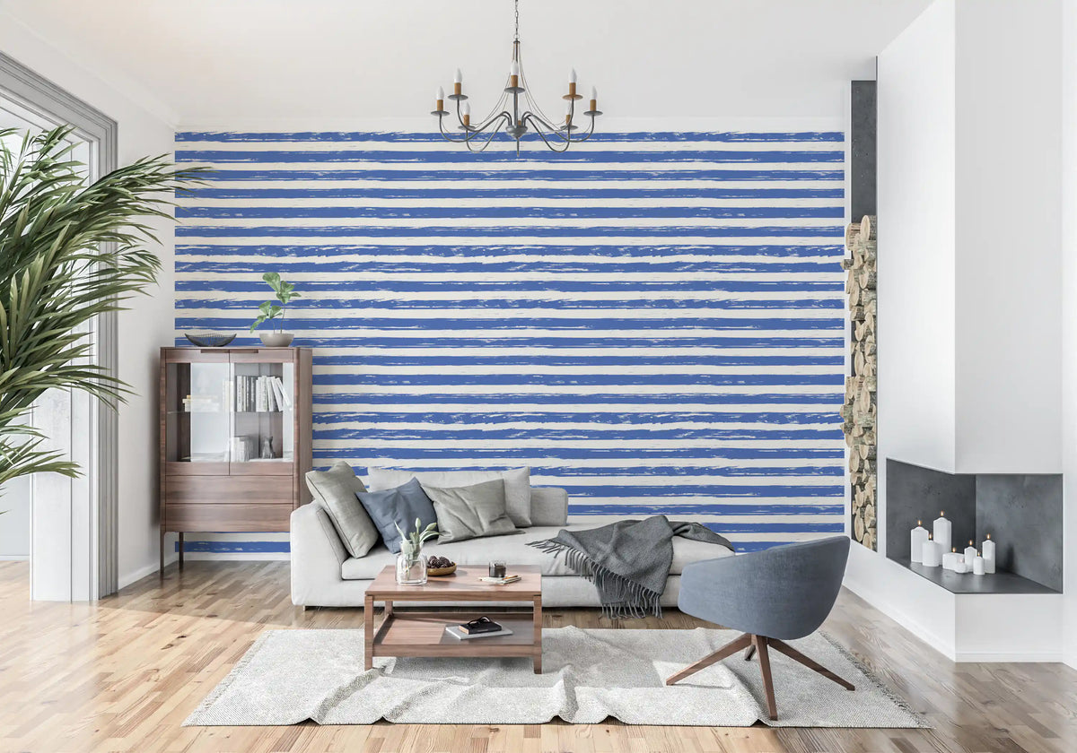 Navy brushstroke striped wallpaper in a bright living room GD12267