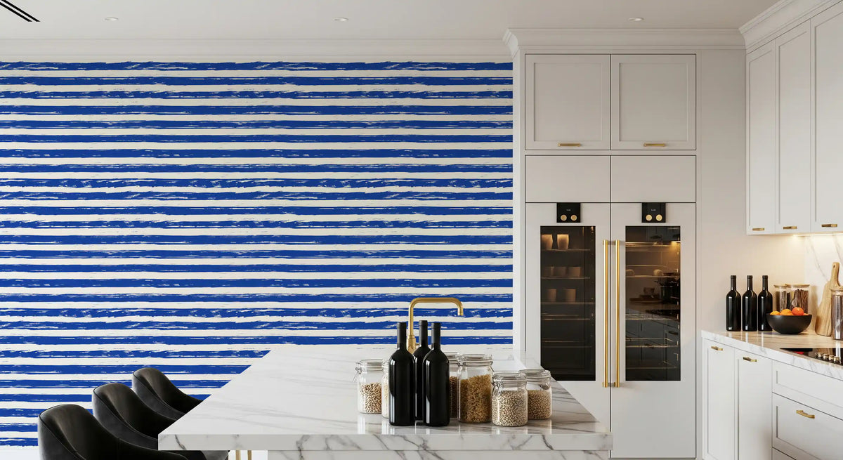 Navy and white striped wallpaper in a bright kitchen GD12267