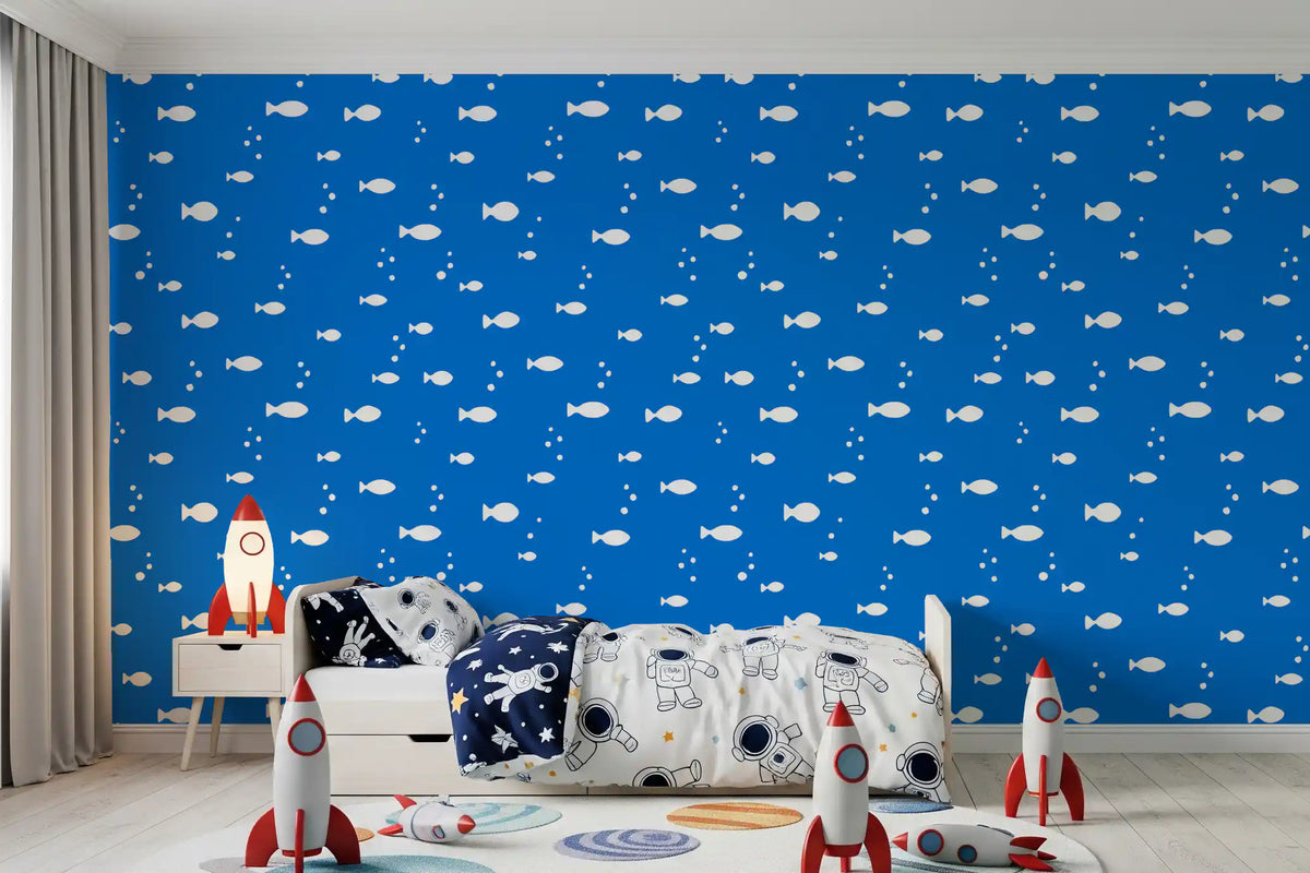 White fish on blue wallpaper in a boy's room with rockets GD12268