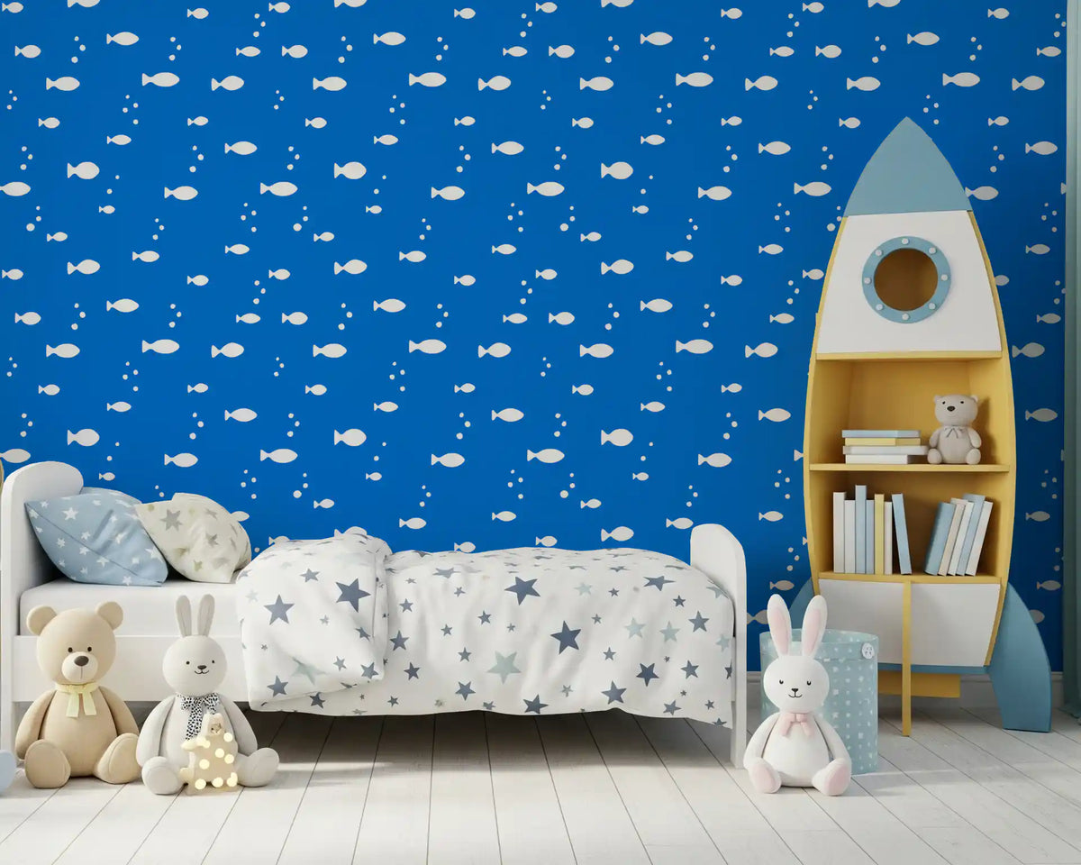 Fish nature wallpaper in a toddler room with a rocket bed GD12268