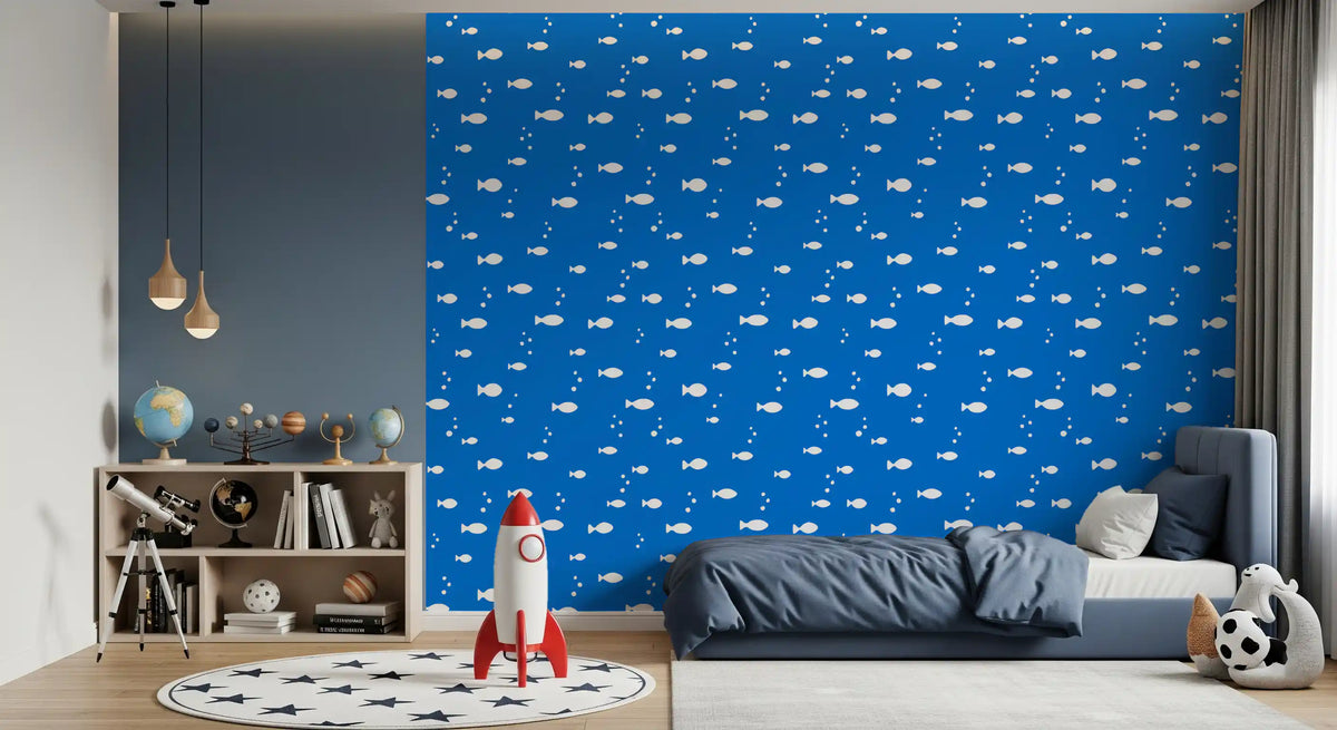 Blue aquatic fish wallpaper in a boy's bedroom GD12268