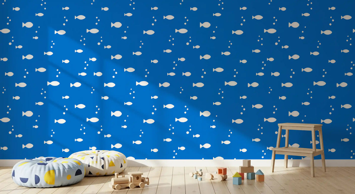 White fish on blue wallpaper in a child's play area GD12268