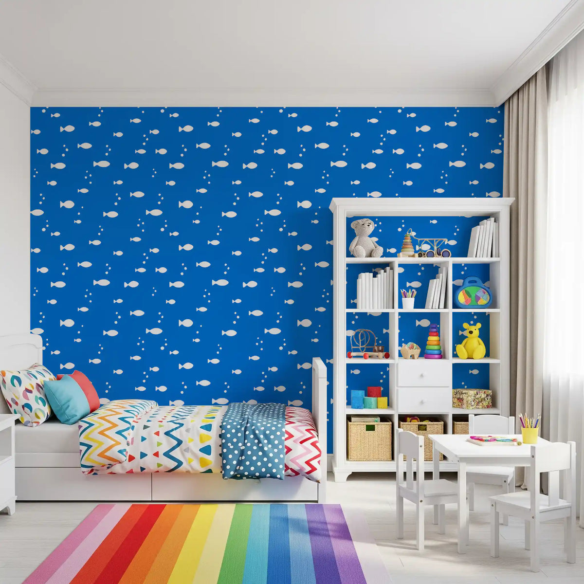 Blue fish wallpaper in a kids' room with a rainbow rug GD12268